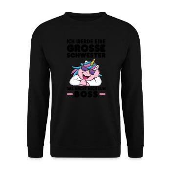 Große Schwester Einhorn Geschwister Geschenk - Unisex Pullover - Schwarz - Vorne - Alina (178cm) & Michal (187cm)