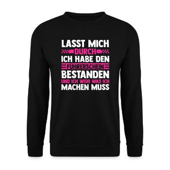 Führerschein Prüfung Fahranfänger Geschenk - Unisex Pullover - Schwarz - Vorne - Alina (178cm) & Michal (187cm)