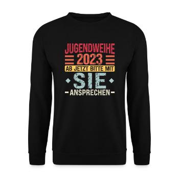 Jugendweihe Party Geschenk - Unisex Pullover - Schwarz - Vorne - Alina (178cm) & Michal (187cm)