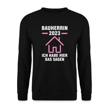 Bauherrin 2023 Hausbau Richtfest Geschenk - Unisex Pullover - Schwarz - Vorne - Alina (178cm) & Michal (187cm)
