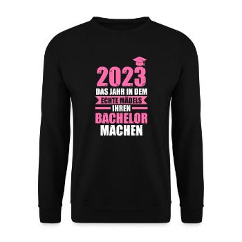 Bachelor 2023 Prüfung Prüfung Bestanden Geschenk - Unisex Pullover - Schwarz - Vorne - Alina (178cm) & Michal (187cm)