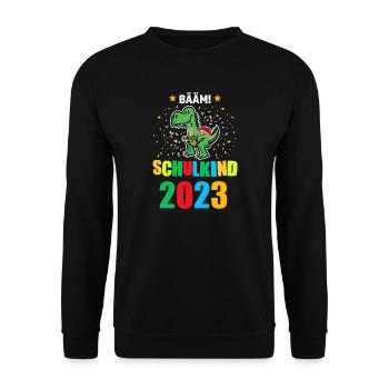 Schulkind 2023 Dino Einschulung 2023 Geschenk - Unisex Pullover - Schwarz - Vorne - Alina (178cm) & Michal (187cm)