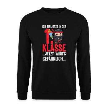 1.Klasse Ninja Einschulung Geschenk - Unisex Pullover - Schwarz - Vorne - Alina (178cm) & Michal (187cm)