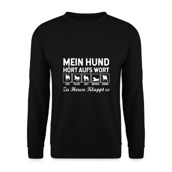 Hund Hunderasse Gehorchen Erziehung Sitz Platz Aus - Unisex Pullover - Schwarz - Vorne - Alina (178cm) & Michal (187cm)