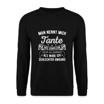 Man nennt mich Tante Komplizin Tantchen Spruch - Unisex Pullover - Schwarz - Vorne - Alina (178cm) & Michal (187cm)