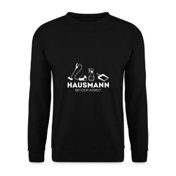 Hausmann bei der Arbeit Staubsauger Haushalt - Unisex Pullover - Schwarz - Vorne - Alina (178cm) & Michal (187cm)