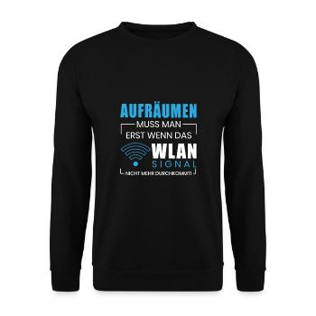 WLAN Signal Spruch Aufräumen Wireless Aufräumen - Unisex Pullover - Schwarz - Vorne - Alina (178cm) & Michal (187cm)
