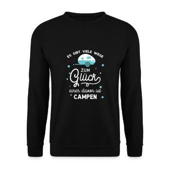 Es gibt viele Wege zum Glück Camping Camper Spruch - Unisex Pullover - Schwarz - Vorne - Alina (178cm) & Michal (187cm)