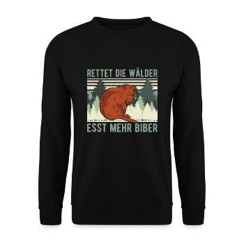 Lustig RETTET DIE WÄLDER ESST MEHR BIBER - Unisex Pullover - Schwarz - Vorne - Alina (178cm) & Michal (187cm)