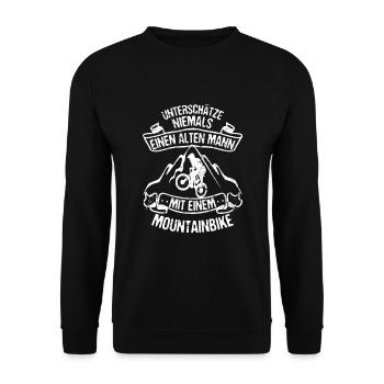 Alter Mann mit Mountainbike MTB Rad Mountain - Unisex Pullover - Schwarz - Vorne - Alina (178cm) & Michal (187cm)