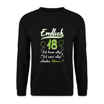Endlich 18 Geburtstag Achtzehn Ich kann Alles ich - Unisex Pullover - Schwarz - Vorne - Alina (178cm) & Michal (187cm)