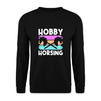 Hobby Horse Retro Grafik Steckenpferde Reiten Tren - Unisex Pullover - Schwarz - Vorne - Alina (178cm) & Michal (187cm)