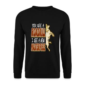 Du siehst einen Roadkill ich sehe ein Meisterstück - Unisex Pullover - Schwarz - Vorne - Alina (178cm) & Michal (187cm)