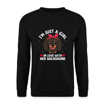 Ich bin nur ein Mädchen, das in ihren Dackelhund verliebt ist - Unisex Pullover - Schwarz - Vorne - Alina (178cm) & Michal (187cm)