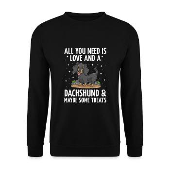 Alles, was Sie brauchen, ist Liebe und ein Dackelhund-Liebhaberhund - Unisex Pullover - Schwarz - Vorne - Alina (178cm) & Michal (187cm)