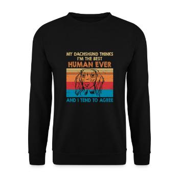 Mein Dackel denkt, ich bin der beste Mensch aller Zeiten - Unisex Pullover - Schwarz - Vorne - Alina (178cm) & Michal (187cm)