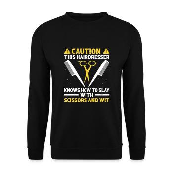 Coiffeur Coiffeur Coiffeur Coiffure Coiffure - Sweat-shirt Unisexe - noir - Devant - Alina (178cm) & Michal (187cm)