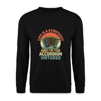 Das Leben ist eine Symphonie und ich bin der Akkordeon-Virtuose - Unisex Pullover - Schwarz - Vorne - Alina (178cm) & Michal (187cm)
