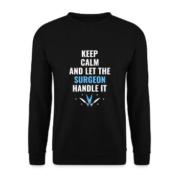 Bewahren Sie Ruhe und lassen Sie den Chirurgen damit umgehen Chirurgische S - Unisex Pullover - Schwarz - Vorne - Alina (178cm) & Michal (187cm)