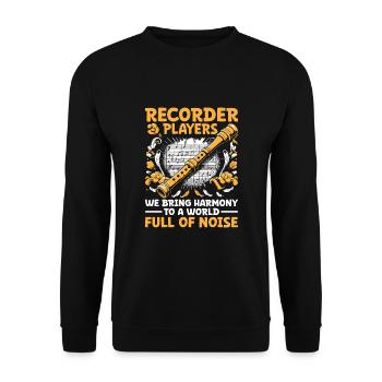 Blockflötenspieler Wir bringen Harmonie in eine Welt voller Harmonie - Unisex Pullover - Schwarz - Vorne - Alina (178cm) & Michal (187cm)