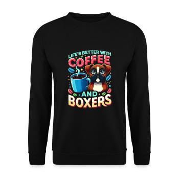 Das Leben ist besser mit Kaffee und Boxershorts Koffein - Unisex Pullover - Schwarz - Vorne - Alina (178cm) & Michal (187cm)