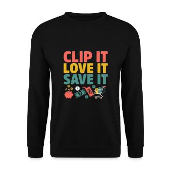 Clip It Love It Save It Couponer Shop Geld sparen - Unisex Pullover - Schwarz - Vorne - Alina (178cm) & Michal (187cm)