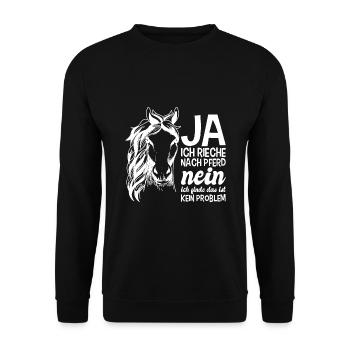 Nach Pferd riechen Reiterin Reiter lustig - Unisex Pullover - Schwarz - Vorne - Alina (178cm) & Michal (187cm)