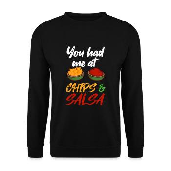 Chips und Salsa Spruch - Unisex Pullover - Schwarz - Vorne - Alina (178cm) & Michal (187cm)