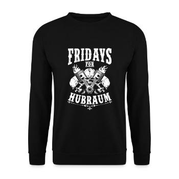 Fridays for Hubraum Auto Tuning KFZ Mechaniker - Unisex Pullover - Schwarz - Vorne - Alina (178cm) & Michal (187cm)