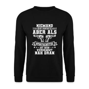 Sportschütze Schützenverein Spruch Geschenk - Unisex Pullover - Schwarz - Vorne - Alina (178cm) & Michal (187cm)