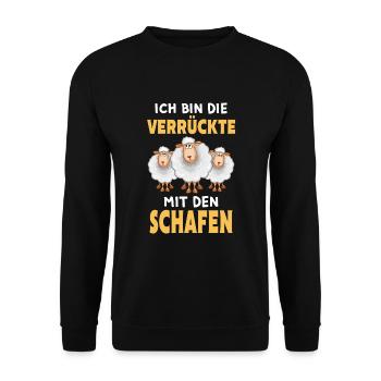 Ich bin die Verrückte mit den Schafen - Unisex Pullover - Schwarz - Vorne - Alina (178cm) & Michal (187cm)
