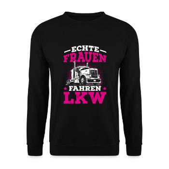 Echte Frauen fahren LKW Trucker Babe - Unisex Pullover - Schwarz - Vorne - Alina (178cm) & Michal (187cm)