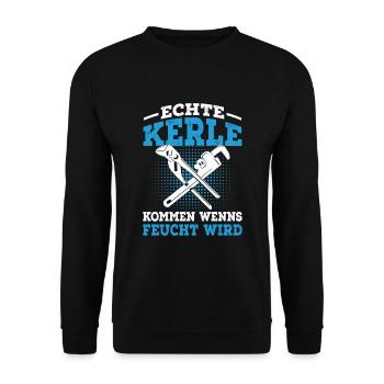 Klempner lustiger Spruch Feucht Installateur - Unisex Pullover - Schwarz - Vorne - Alina (178cm) & Michal (187cm)