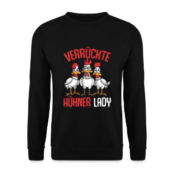 Verrückte Hühner Lady Landwirtin Huhn - Unisex Pullover - Schwarz - Vorne - Alina (178cm) & Michal (187cm)