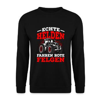 Traktor Landwirt Echte Helden fahren rote Felgen - Unisex Pullover - Schwarz - Vorne - Alina (178cm) & Michal (187cm)