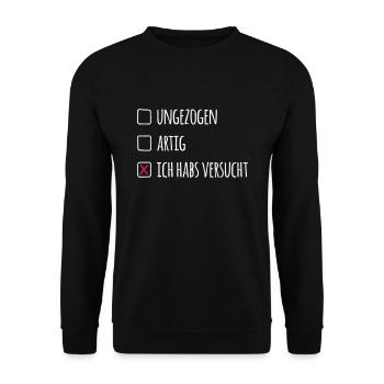 Warst du artig? Lustiges Weihnachts Design - Unisex Pullover - Schwarz - Vorne - Alina (178cm) & Michal (187cm)