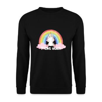 F*ckt euch Einhorn Regenbogen Süß Bunt Wolke - Unisex Pullover - Schwarz - Vorne - Alina (178cm) & Michal (187cm)