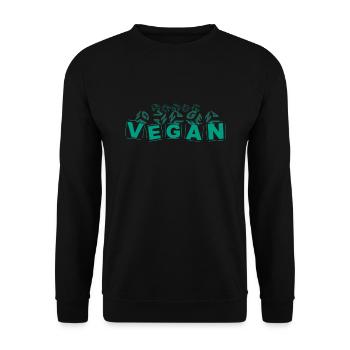 "V-E-G-A-N" Buchstabenwürfel hellgrün - Unisex Pullover - Schwarz - Vorne - Alina (178cm) & Michal (187cm)
