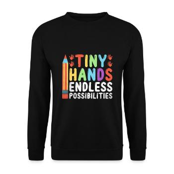 Petites mains, possibilités infinies Professeur d’école - Sweat-shirt Unisexe - noir - Devant - Alina (178cm) & Michal (187cm)