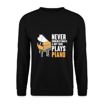 Unterschätze niemals einen Jungen, der Klaviermusiker spielt - Unisex Pullover - Schwarz - Vorne - Alina (178cm) & Michal (187cm)