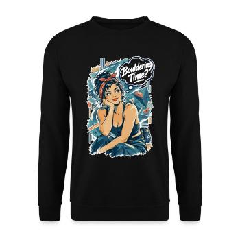 Retro Pin-Up Bouldering Time Klettern Design - Unisex Pullover - Schwarz - Vorne - Alina (178cm) & Michal (187cm)