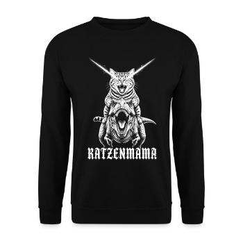 Katzenmama – T-Rex reitende Katze - Unisex Pullover - Schwarz - Vorne - Alina (178cm) & Michal (187cm)
