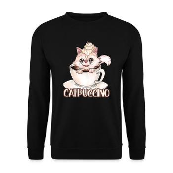 Catpuccino für Katzen und Kaffeeliebhaber Wortwitz - Unisex Pullover - Schwarz - Vorne - Alina (178cm) & Michal (187cm)