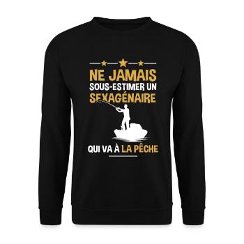 Sexagénaire cadeau humour pêche pêcheur - Sweat-shirt Unisexe - noir - Devant - Alina (178cm) & Michal (187cm)
