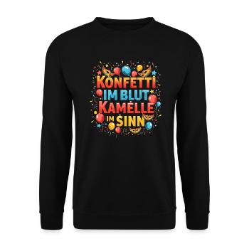Konfetti im Blut Kamelle im Sinn Kostüm Fasching - Unisex Pullover - Schwarz - Vorne - Alina (178cm) & Michal (187cm)