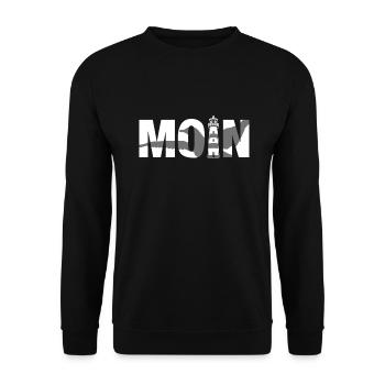 Moin mit Möwe und Leuchtturm, Ostfriesland Norden - Unisex Pullover - Schwarz - Vorne - Alina (178cm) & Michal (187cm)