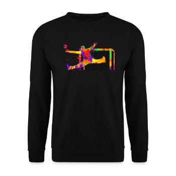 Aquarell-Splash Handball-Torwart Geschenkidee - Unisex Pullover - Schwarz - Vorne - Alina (178cm) & Michal (187cm)