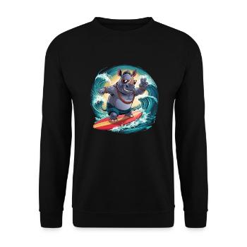 Cooles Rhino mit Sonnenbrille surft und hat Spass - Unisex Pullover - Schwarz - Vorne - Alina (178cm) & Michal (187cm)