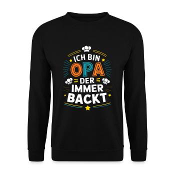 Ich bin der Opa der immer backt lustiger Opaspruch - Unisex Pullover - Schwarz - Vorne - Alina (178cm) & Michal (187cm)