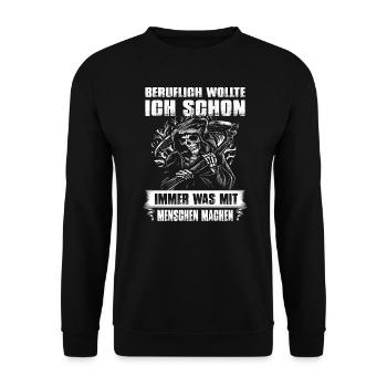 Sensenmann Beruflich was mit Menschen machen - Unisex Pullover - Schwarz - Vorne - Alina (178cm) & Michal (187cm)